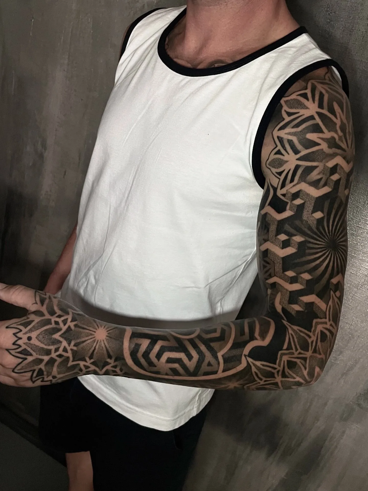 Geometric blackwork sleeve detail