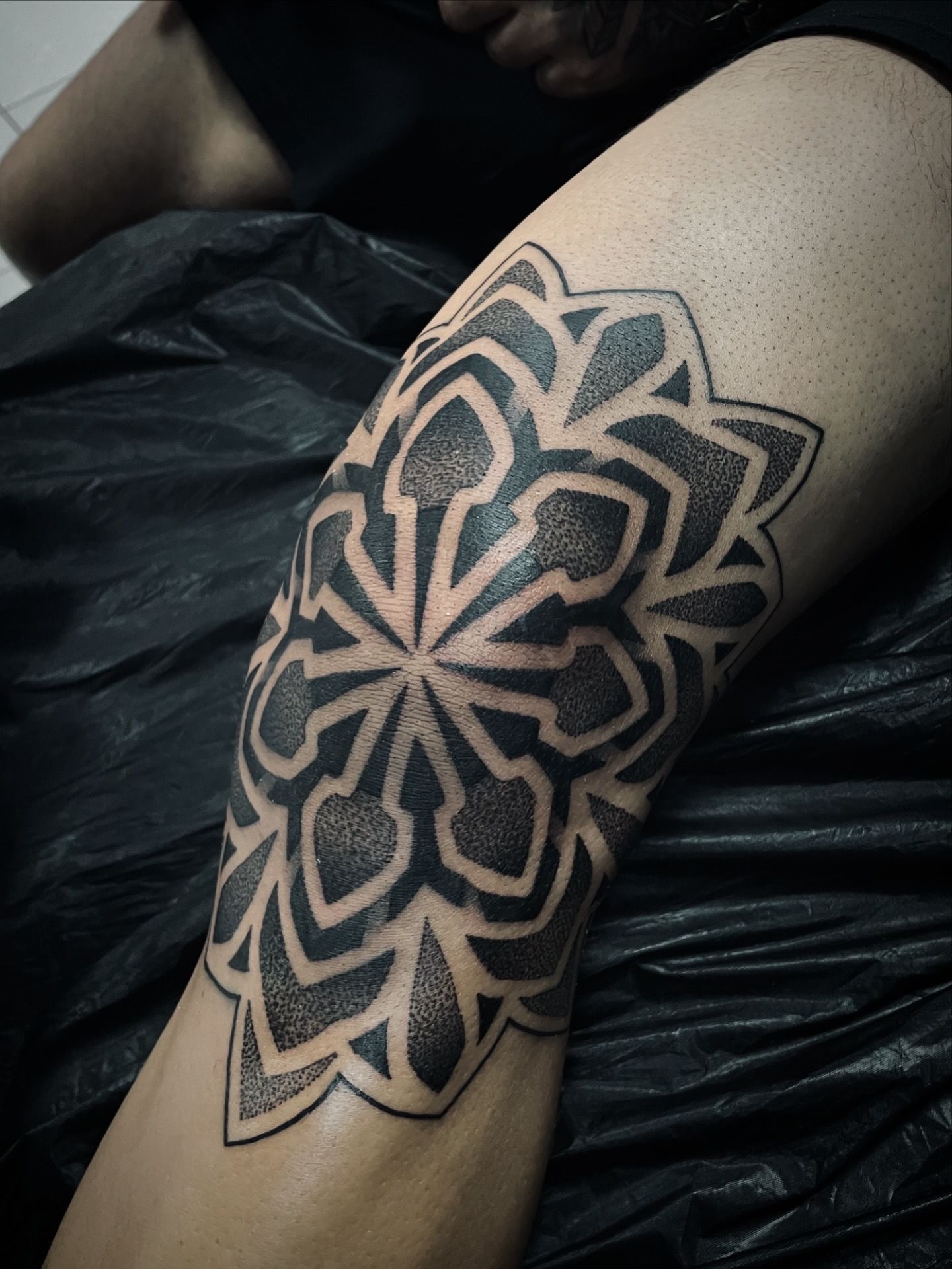 Back piece with turquoise accents and mandala dotwork